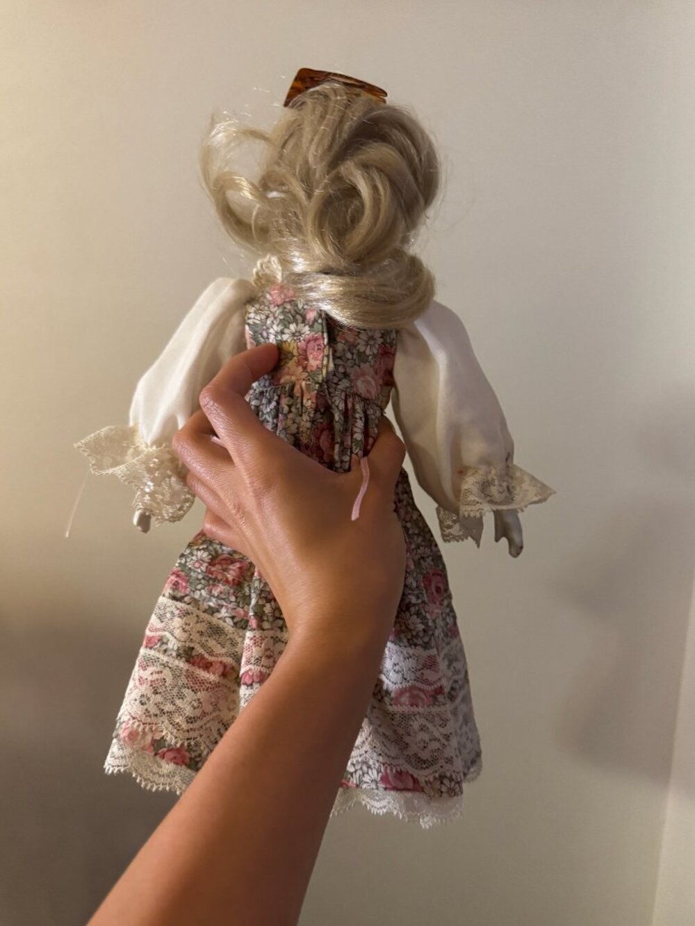 Vintage Porcelain Doll w. Floral Lace, Heirloom Piece
